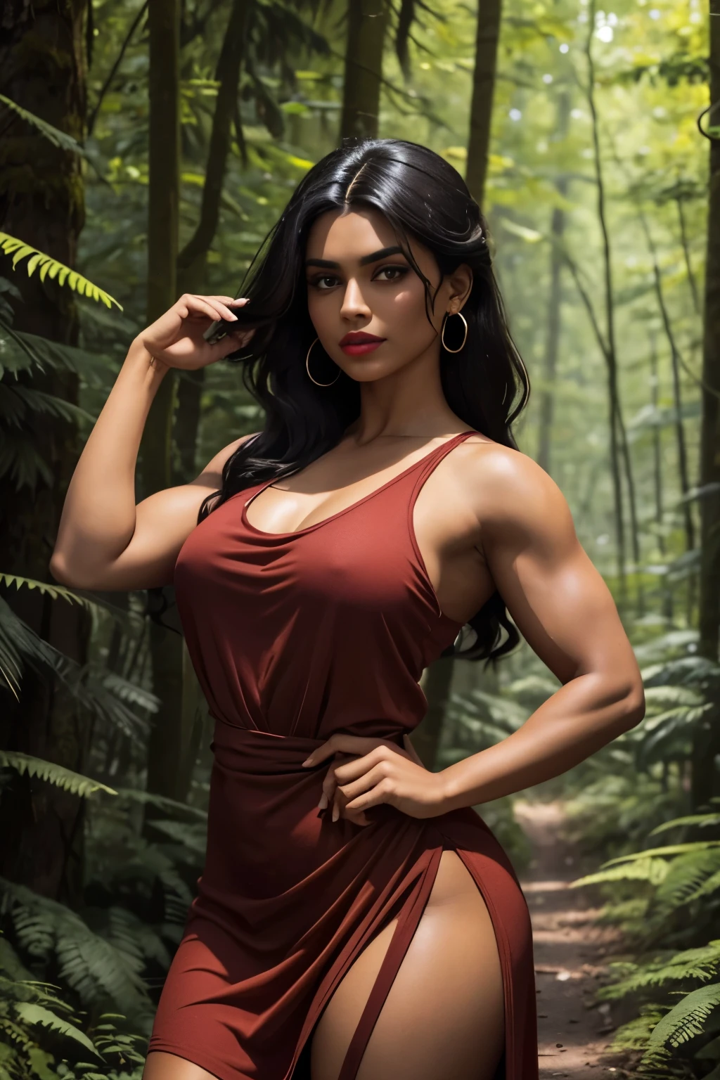 Make a brown woman. She is wearing a casual red dress. Your eyes are green. Your hair is tied black. She is wearing green lipstick. She is in the forest. Your body is muscular.
