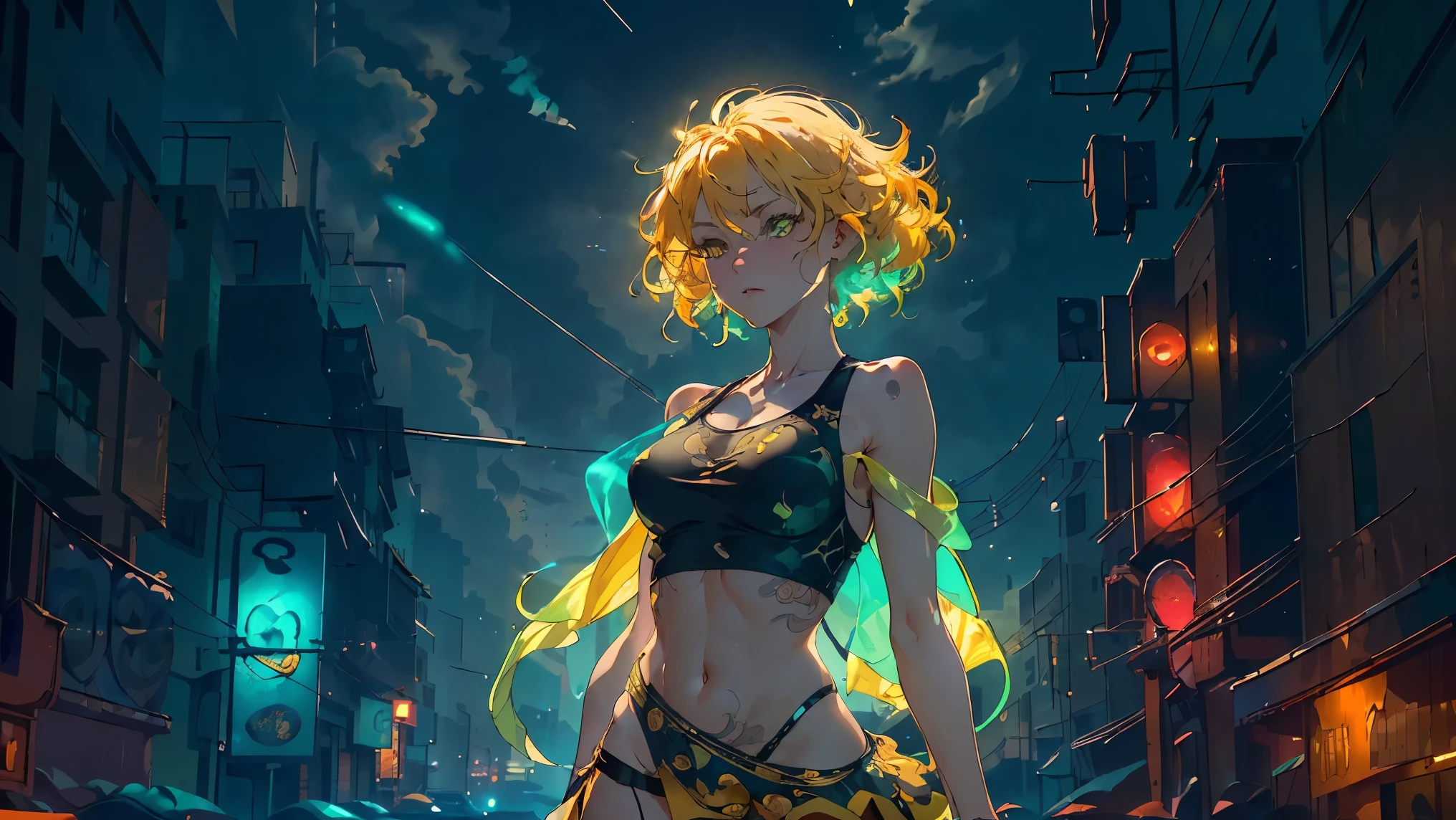 girl youtuber,(((1girl))),((extremely cute and beautiful yellow wavy-haired anime girl walking down the street)), perfect body

(short breasts:1.4),(((yellow wavy hair:1.35,very curly hair,colored inner hair,ear breathing,short hair))),((green eyes:1.3,upturned eyes:1.3,perfect eyes,beautiful detailed eyes,rainbow glows ultra-detailed yellow green eyes:1.1,gradient eyes:1,finely detailed beautiful eyes:1,symmetrical eyes:1,big highlight on eyes:1.2)),((fat)),(((lustrous skin:1.5,bright skin: 1.5,skin tanned,shiny skin,very shiny skin,shiny body,plastic glitter skin,exaggerated shiny skin))),delicate detailed fingers,detailed body,detailed arms,human hands,(detailed face)),

cute,slutty,seductive,erotic,(((nsfw))),

zettai ryouiki,revealing clothing,show skin,((rave mini-skirt,visible thong straps,white loose tank top with an intricate anime print)),(detailed outfit,detailed clothes),

(dynamic pose:1.0),solo focus,embarrassed,centered,scale to fit dimensions,Rule of thirds,

outdoors,((night view)),(very pretty city neon synthwave,cyberpunk night street Background:1.5,dark sky,thick clouds),future vehicles,((neon lights)),thick clouds,(cyberpunk style,neon lights, (synthwave theme background),  street),(((detailed background:1.25))),

(best quality),(high resolution),(sharp focus),(ultra detailed),(extremely detailed),(extremely high quality artwork),8k_wallpaper,(extremely detailed CG 8k),(very fine 8K CG),((hyper super ultra detailed perfect piece)),flawless,(((masterpiece))),illustration,vibrant colors,(intricate),High contrast,Selective lighting,Double exposure,HDR (High Dynamic Range),Post-processing,Background blur,