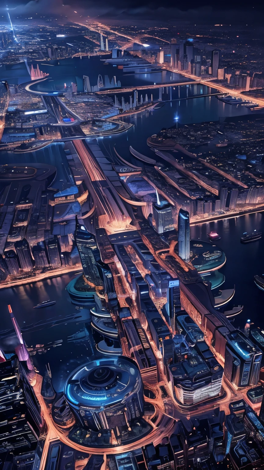 Night view from the plane,futuristic city:1.3,port,Airport,Skyscraper,masterpiece,best quality,Ultra-high resolution,Super detailed,8K,Reality,best aesthetics,beautiful