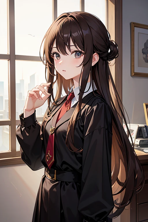 masterpiece, highest quality, High resolution,Follow the prompts、Anime Style、Brown Hair、Long Hair、black eye、Deep-collared uniform