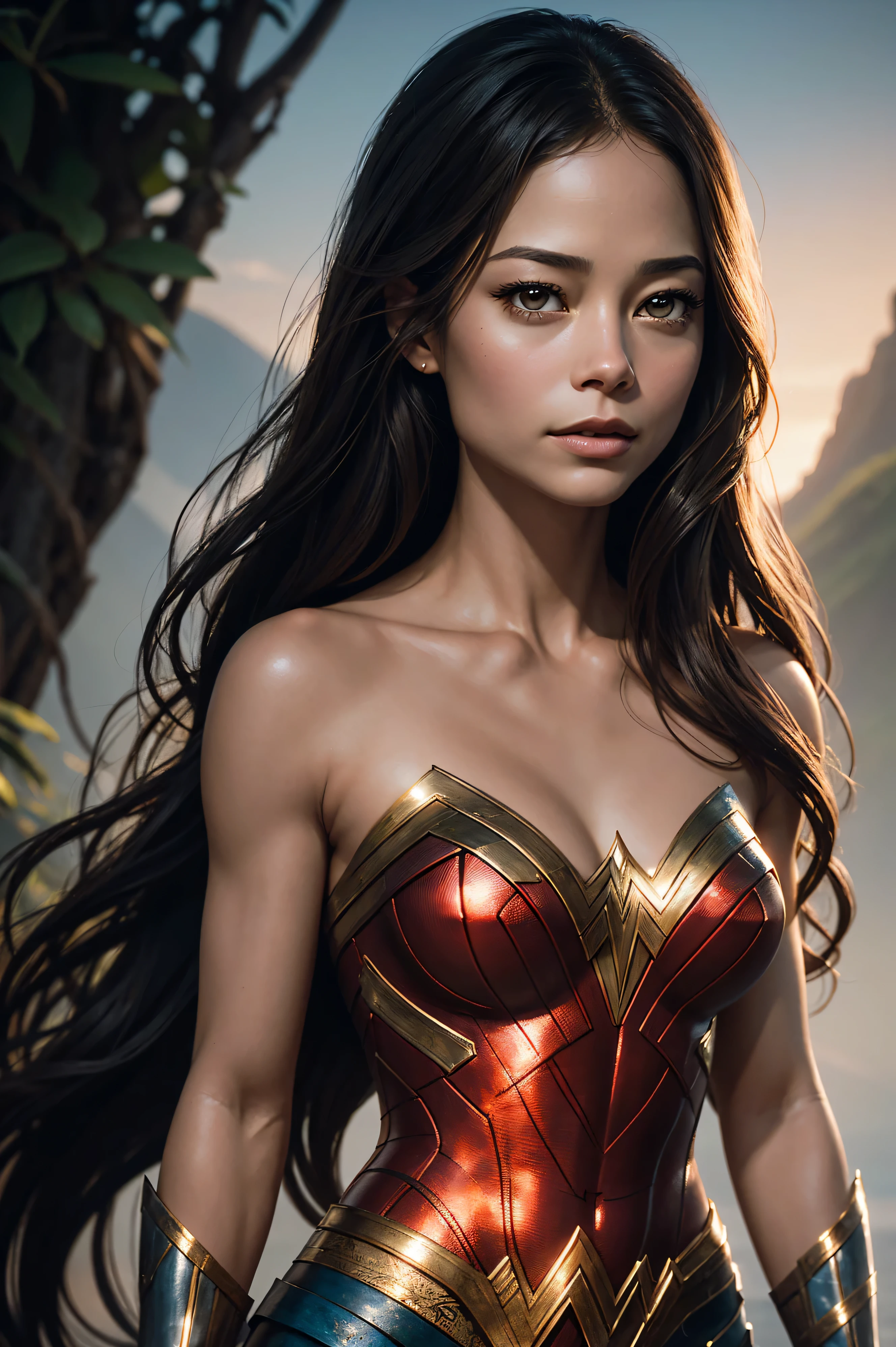 portrait Kristin Kreuk, wearing nude breasts wonder woman costume, against the background of the island of Maui, character portrait, 3 9 9 0 s, long hair, intricate, elegant, highly detailed, digital painting, artstation, concept art, smooth, sharp focus, illustration, art by wlop, charlie bowater and alexandra fomina, 36 k