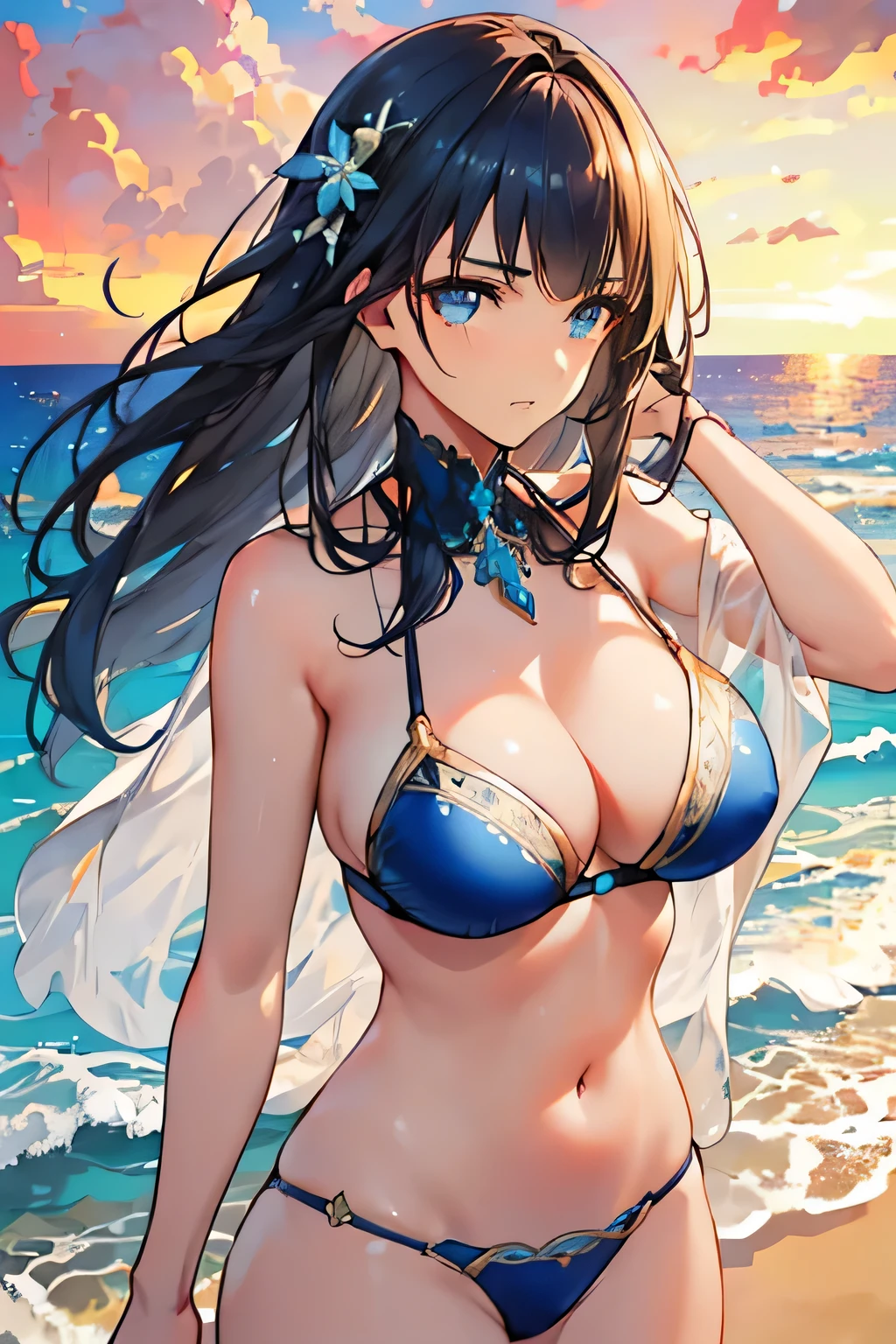 a beautiful girl with long dark hair wearing a revealing blue and white bikini, detailed face and eyes, posing on a beach with ocean waves in the background, dramatic lighting, photorealistic, highly detailed, 8k, best quality, (gorgeous,elegant:1.2), masterpiece, cinematic lighting, (volumetric lighting:1.1), (stunning,mesmerizing:1.1), (intricate details:1.2), (beautiful detailed face:1.4), hyper realistic, photorealistic, realistic, extremely detailed, sharp focus, vivid colors, (warm color tones:1.2), golden hour lighting, (dramatic lighting:1.1), beautiful ocean scenery, crashing waves, sandy beach, high quality, artstation, trending on artstation