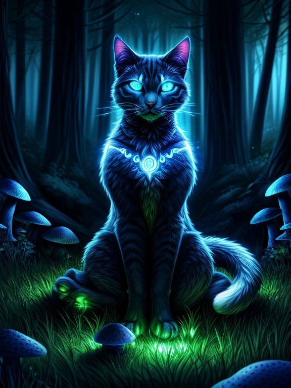 there is a cat that is sitting in the grass with mushrooms, green glowing eyes, magical glowing eyes, glowing eyes everywhere, with glowing eyes, alex grey cat, beautiful blue glowing eyes, cat in the forest, glowing magical eyes, blue glowing eyes, very glowing eyes, brightly glowing eyes, beautiful glowing eyes, large glowing eyes, glowing eyes, white glowing eyes