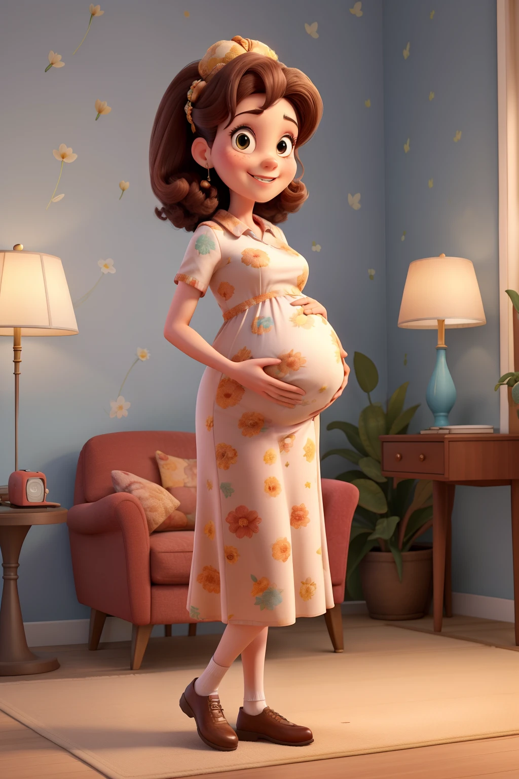 {
"prompt": "A cartoon-style illustration of a woman from the 1960s who is pregnant with twins. She has a beehive hairstyle, wearing a colorful, knee-length dress with a bold, floral pattern typical of the 1960s fashion. The dress has a high waistline to accommodate her pregnant belly. She is standing with one hand resting on her belly and the other hand on her hip, smiling warmly. The background includes typical 1960s decor elements such as a patterned wallpaper, a retro armchair, and a small table with a rotary phone and a flower vase. The overall style should be colorful, lively, and playful, capturing the essence of the 1960s with exaggerated, whimsical features typical of a cartoon.",
"size": "1024x1024"
}