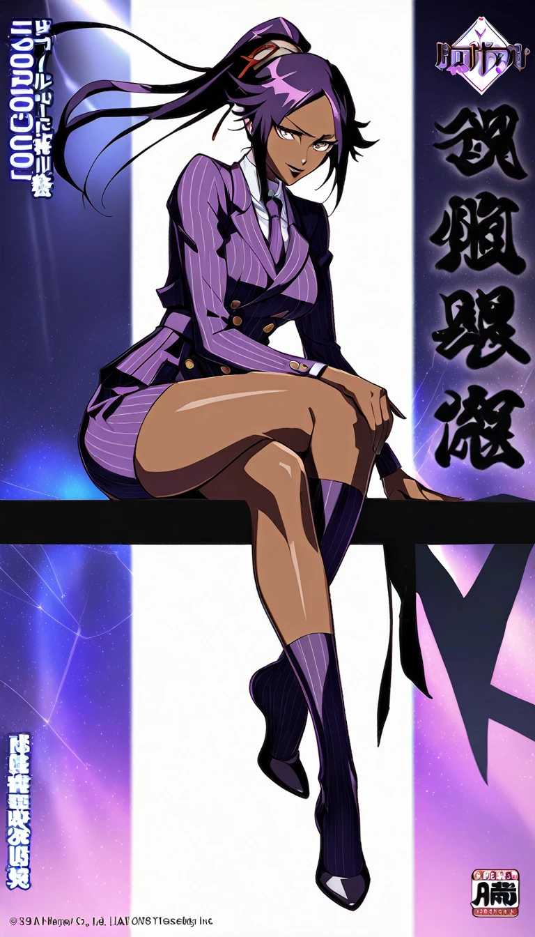 Full body Yoruichi as a thin Black business woman in a double breasted pinstripe purple skirt suit while wearing a tie with a very long purple pinstripe skirt that covers the legs and with long black knee socks full art and make her sit down also give her thin legs and purple heels