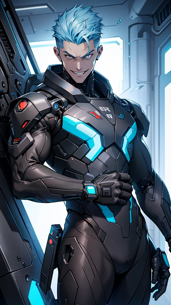20 year old cybernetic guy in black mobile cybernetic battle suit detailed muscles realistic masterpieces full figure pose (best quality,ultra-detailed), light blue hair, black eyes, fit body, slender figure, (evil grin expression), wearing cybernetic battle spacesuit