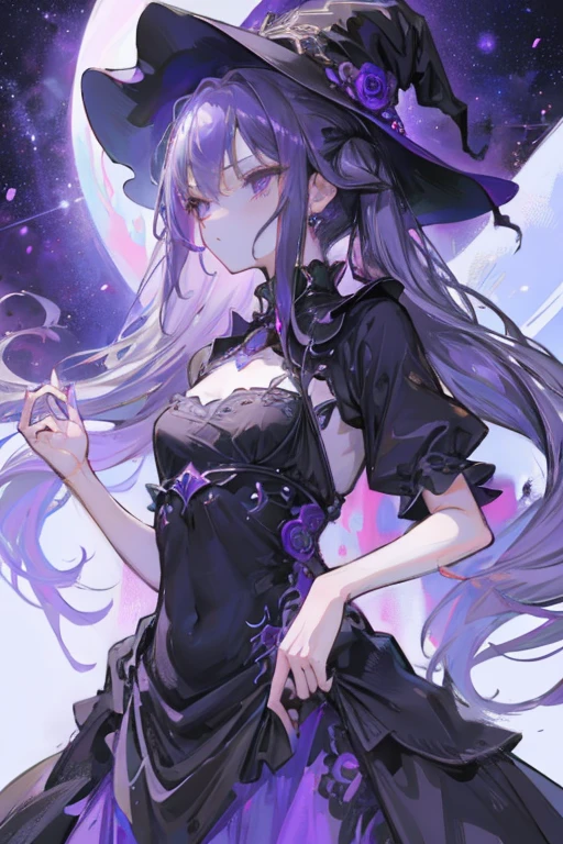 (Masterpiece), Top quality, One beautiful girl, Elegant, Witch, Dark purple hair, Silver gradation toward the tip, Twin tails, Less hair in the twin tails, Obsidian-like (black eyes), Slightly slanted eyes, Witch's hat , sheer long dress based on black, blue, and purple, rose decoration on the dress, (small breasts), , short stature, tsundere, god, high resolution