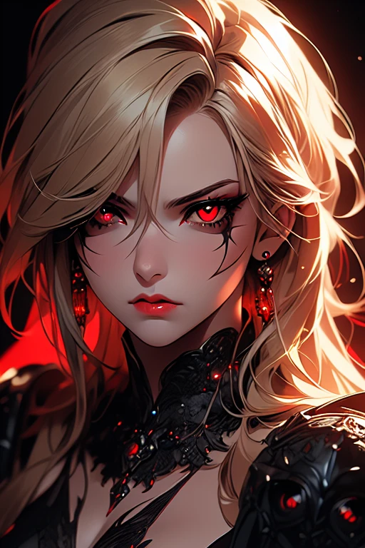 masterpiece,best quality,ultra-detailed,1girl, red eyes, black_background, busty, armored dress, blonde hair, angry, ((sitting on a throne)), ((((((detailed face)))))), ((((((detailed red eyes))))))