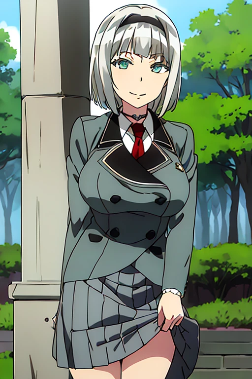 masterpiece, 1girl, anna nishikinomiya, short hair, silver hair, standing, skirt, jacket, necktie, aqua eyes, smile, outside, forest, grass, beautiful