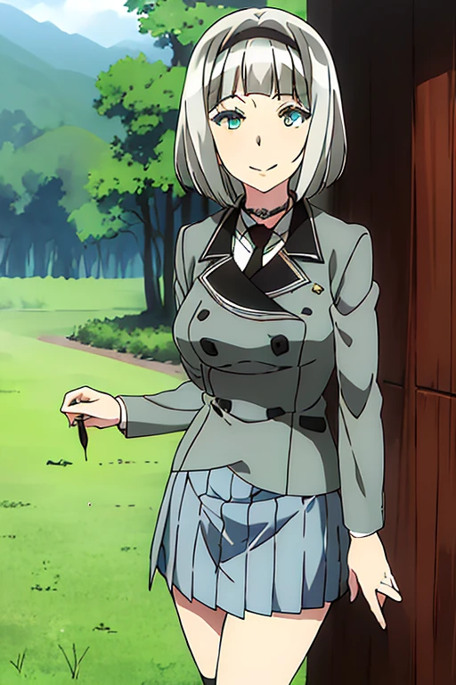 masterpiece, 1girl, anna nishikinomiya, short hair, silver hair, standing, skirt, jacket, necktie, aqua eyes, smile, outside, forest, grass, beautiful