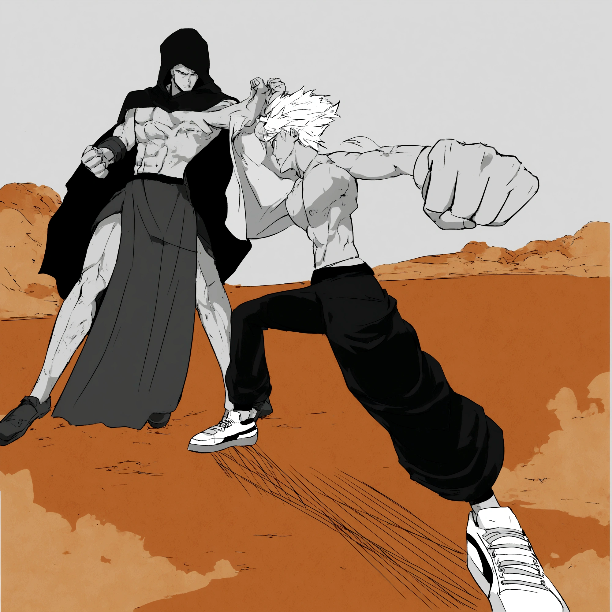 male boy, white hair, male boy fighting against a very fearsome enemy, raised fist, manga style
