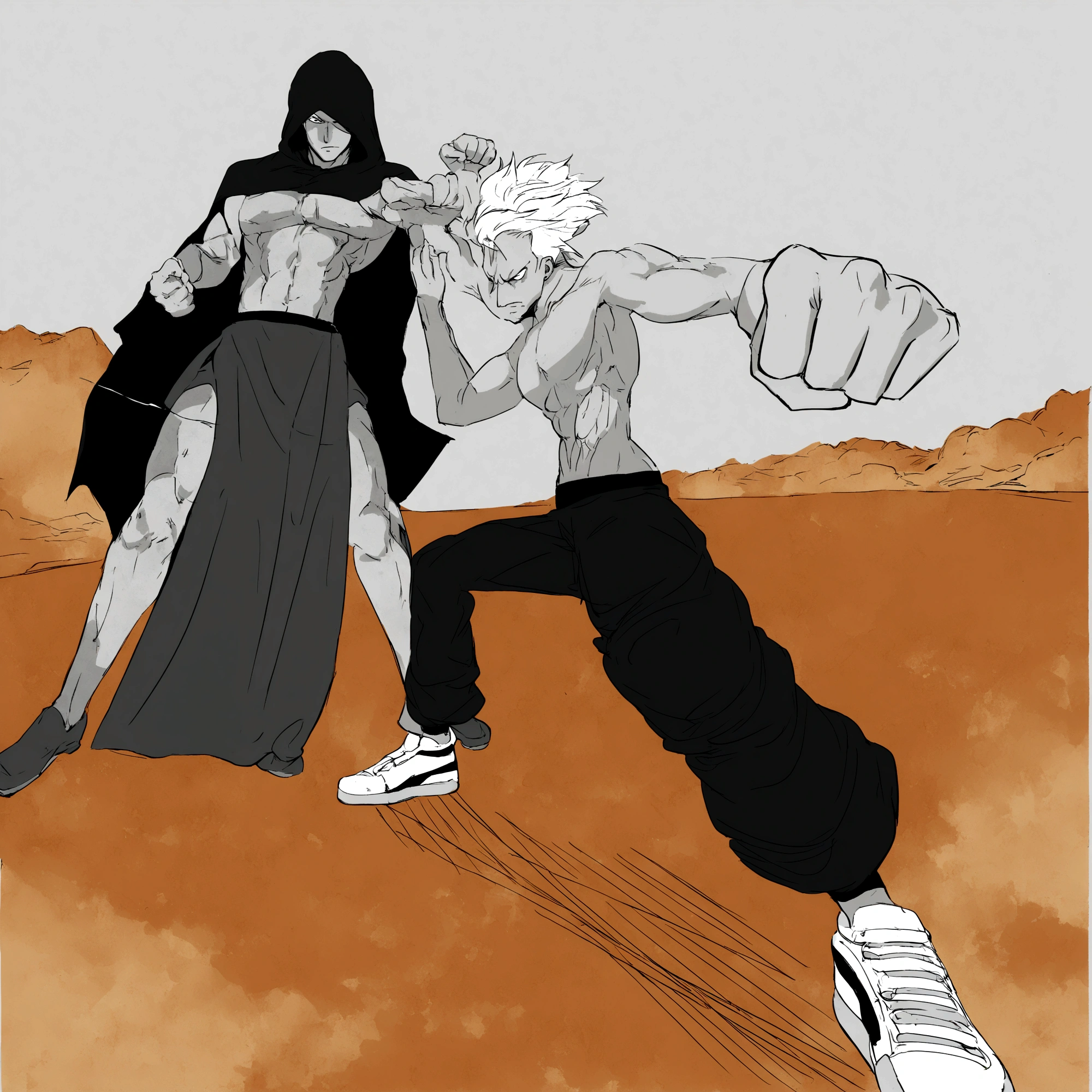 male boy, white hair, male boy fighting against a very fearsome enemy, raised fist, manga style
