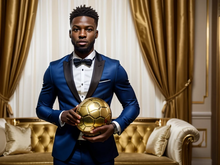 Belgian footballer "Lois Openda" holding "Balon d'Or" trophy wearing an elegant suit, (looking at camera), ( 8k, uhd)