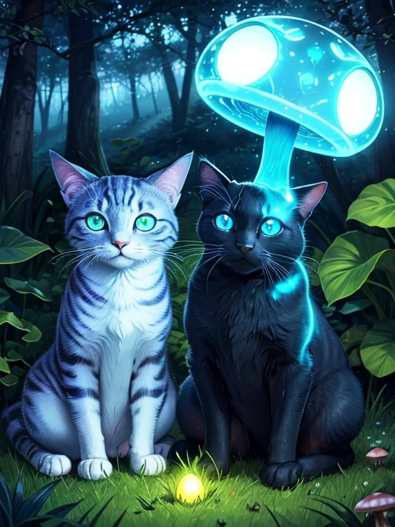 there is a cat that is sitting in the grass with mushrooms, green glowing eyes, magical glowing eyes, glowing eyes everywhere, with glowing eyes, alex grey cat, beautiful blue glowing eyes, cat in the forest, glowing magical eyes, blue glowing eyes, very glowing eyes, brightly glowing eyes, beautiful glowing eyes, large glowing eyes, glowing eyes, white glowing eyes