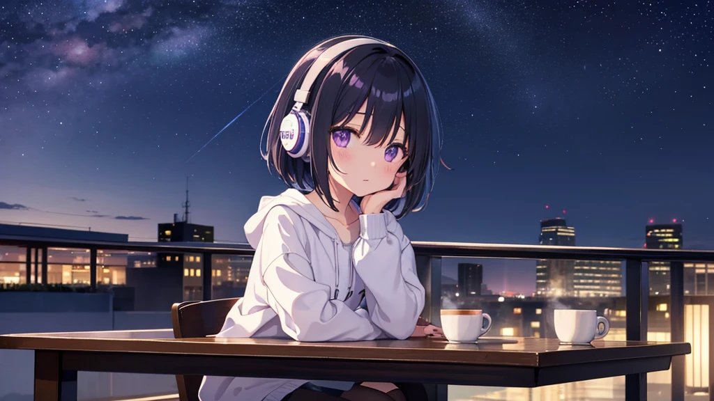 Masterpiece、pastel colour、landscape、Cute girl studying alone in a cafe、Black Hair、Bob Hair、Eyes are purple、Droopy eyes、dream-like、Wearing headphones、night、窓の外はnight景、The starry sky spreads、Happy、coffee