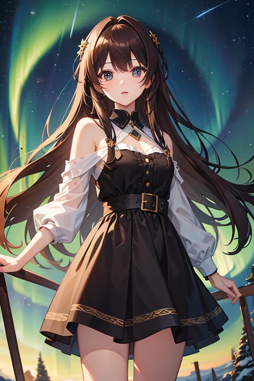 masterpiece, highest quality, High resolution，Follow the prompts、Anime Style、Brown Hair、Long Hair、black eye、Under the Northern Lights