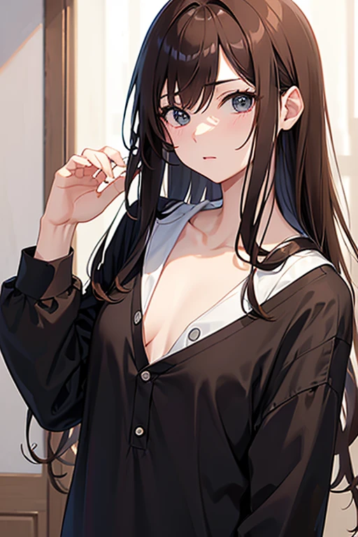 masterpiece, highest quality, High resolution,Follow the prompts、Anime Style、Brown Hair、Long Hair、black eye、Polo shirt、Open all the buttons and show your chest