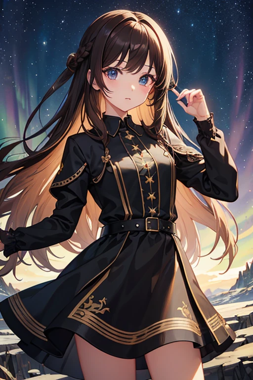 masterpiece, highest quality, High resolution,Follow the prompts、Anime Style、Brown Hair、Long Hair、black eye、Under the Northern Lights