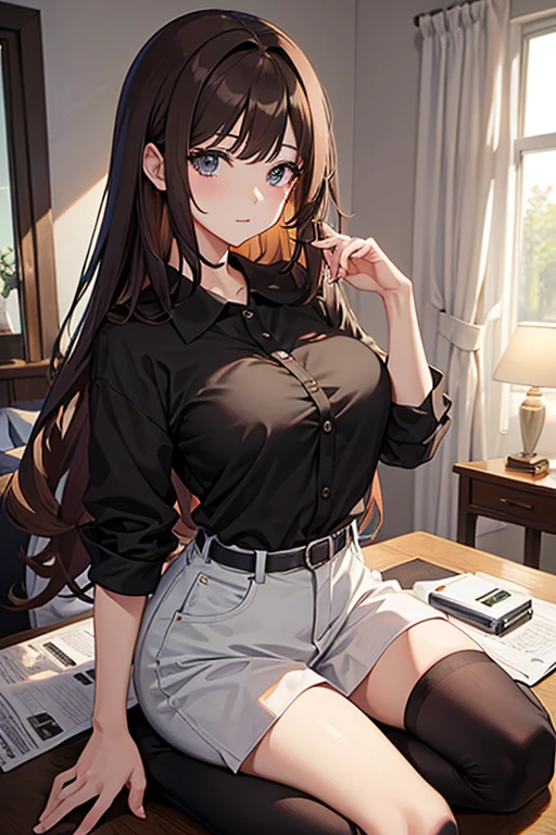 masterpiece, highest quality, High resolution，Follow the prompts、Anime Style、Brown Hair、Long Hair、black eye、Polo shirt、She unbuttons all the buttons to show off her big breasts