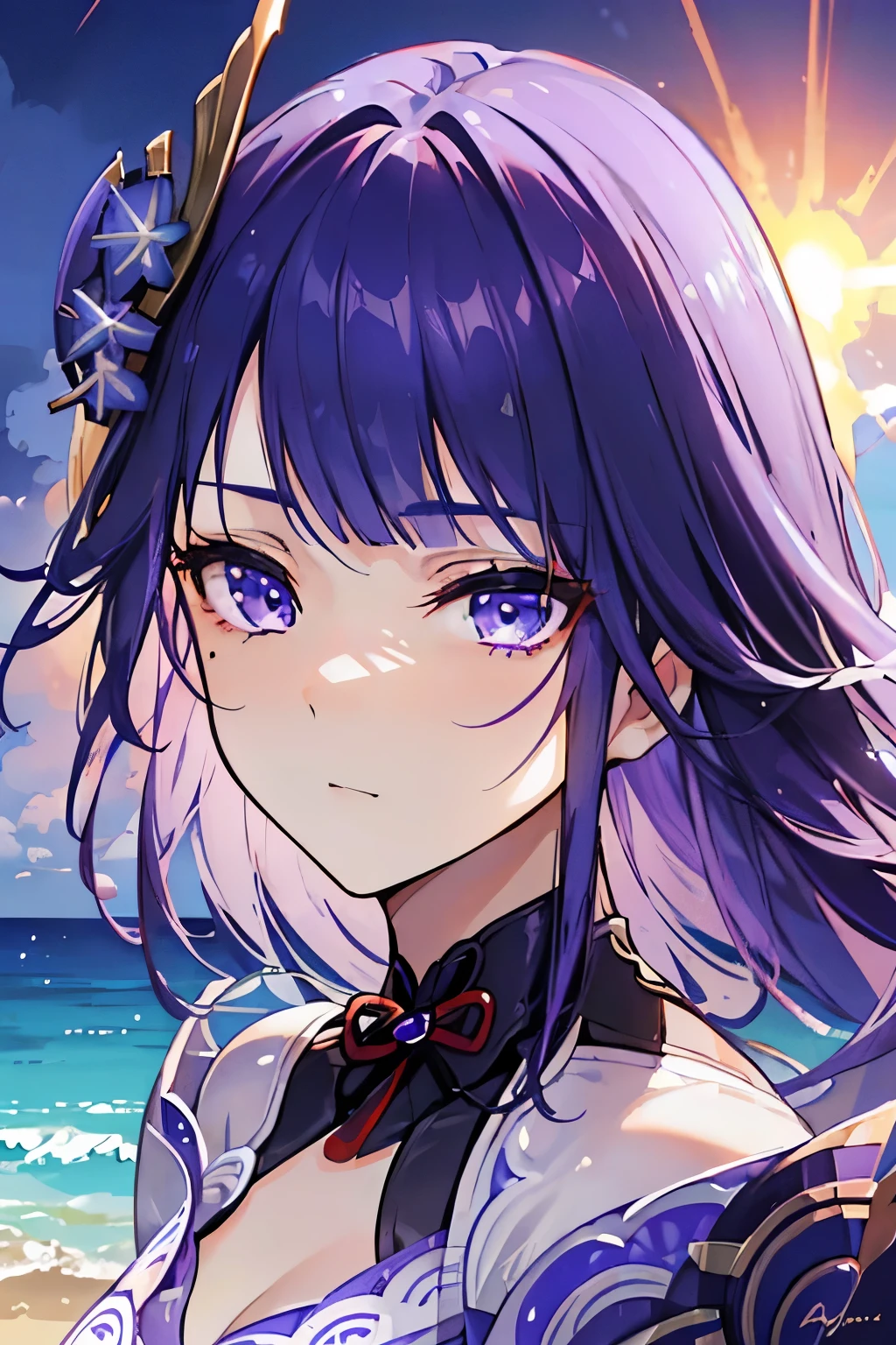 a beautiful Ei ((The Raiden Shogun)) with long purple dark hair wearing a revealing blue and white bikini, detailed face and purple clear eyes, posing on a beach with ocean waves in the background, dramatic lighting, photorealistic, highly detailed, 8k, best quality, (gorgeous,elegant:1.2), masterpiece, cinematic lighting, (volumetric lighting:1.1), (stunning,mesmerizing:1.1), (intricate details:1.2), (beautiful detailed face:1.4), hyper realistic, photorealistic, realistic, extremely detailed, sharp focus, vivid colors, (warm color tones:1.2), golden hour lighting, (dramatic lighting:1.1), beautiful ocean scenery, crashing waves, sandy beach, high quality, artstation, trending on artstation