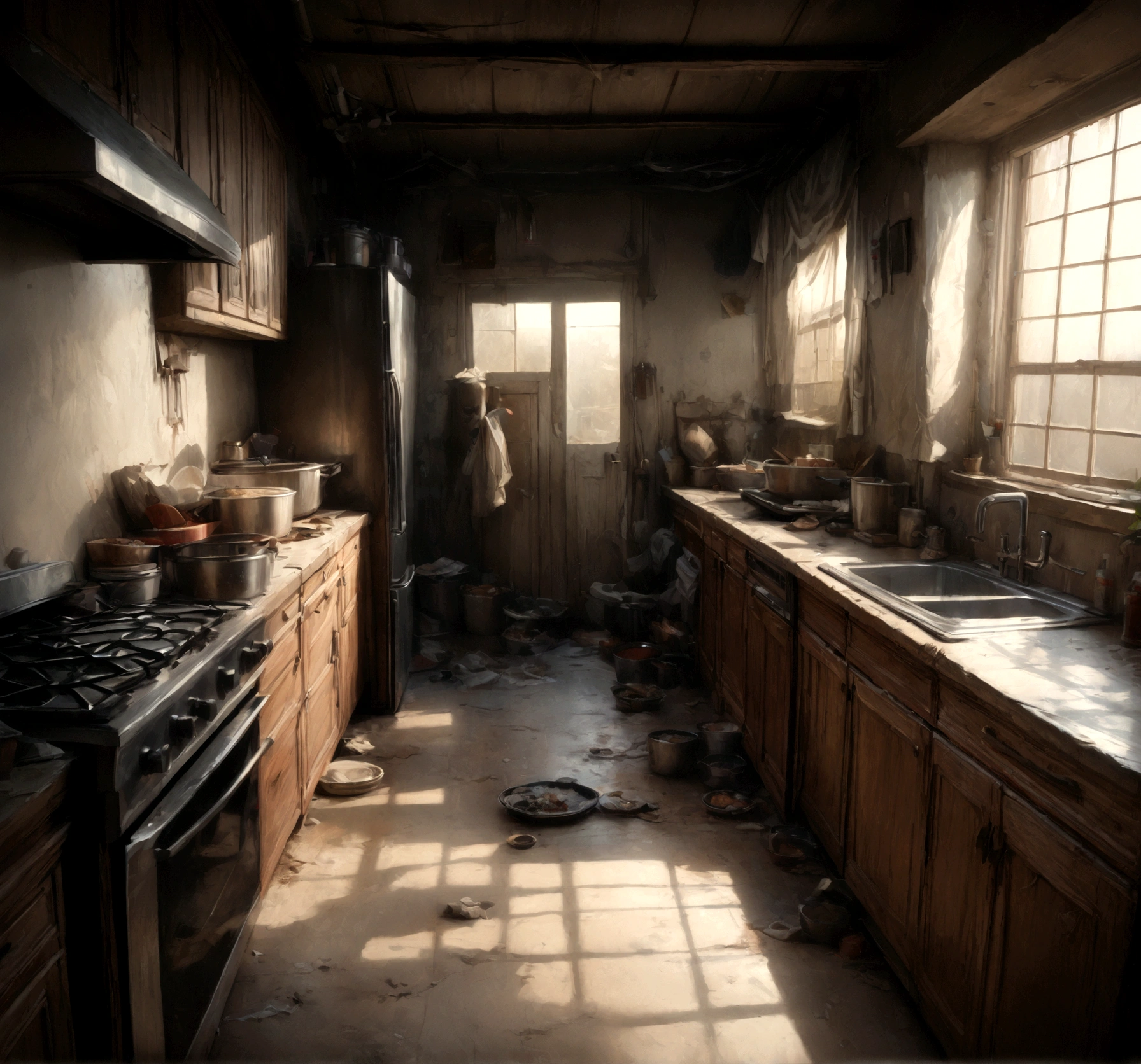 a messy dirty kitchen, cluttered with dirty dishes, pots and pans, overflowing trash cans, greasy countertops, crumbs and food stains, dirty mop in the corner, (best quality,4k,8k,highres,masterpiece:1.2),ultra-detailed,(realistic,photorealistic,photo-realistic:1.37),detailed description,dirty kitchen interior,chaotic and disorganized scene,dramatic lighting,moody atmosphere,warm color tones,gritty and grimy aesthetic