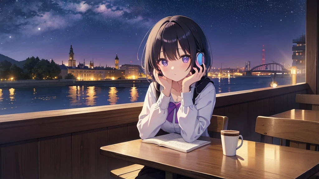 Masterpiece、pastel colour、landscape、Cute girl studying alone in a cafe、Black Hair、Bob Hair、Eyes are purple、Droopy eyes、dream-like、Wearing headphones、night、窓の外はnight景、The starry sky spreads、Happy、coffee