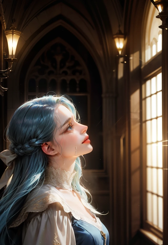 2 people! A girl with long beautiful blue hair puts a dagger on the throat of a man with curly short blond hair, close-up, Middle Ages, masterpiece, Dramatic lighting, The girl is crying, perfect faces, High quality, супер High quality, view from profiles, Enemies, movie scene, The girl wants to kill the man! A girl will kill a guy with blond hair!!!!! Dagger on his throat!!!