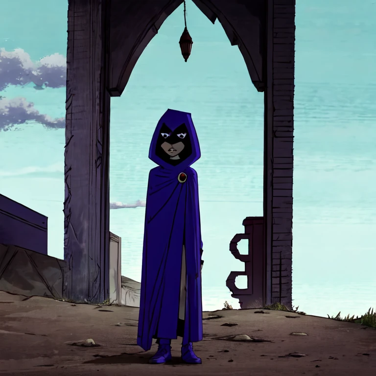 white raven, 1girl, solo, short hair, purple hair, hood, cape, colored skin, cloak, grey skin, forehead jewel, full body view, cowboy shot