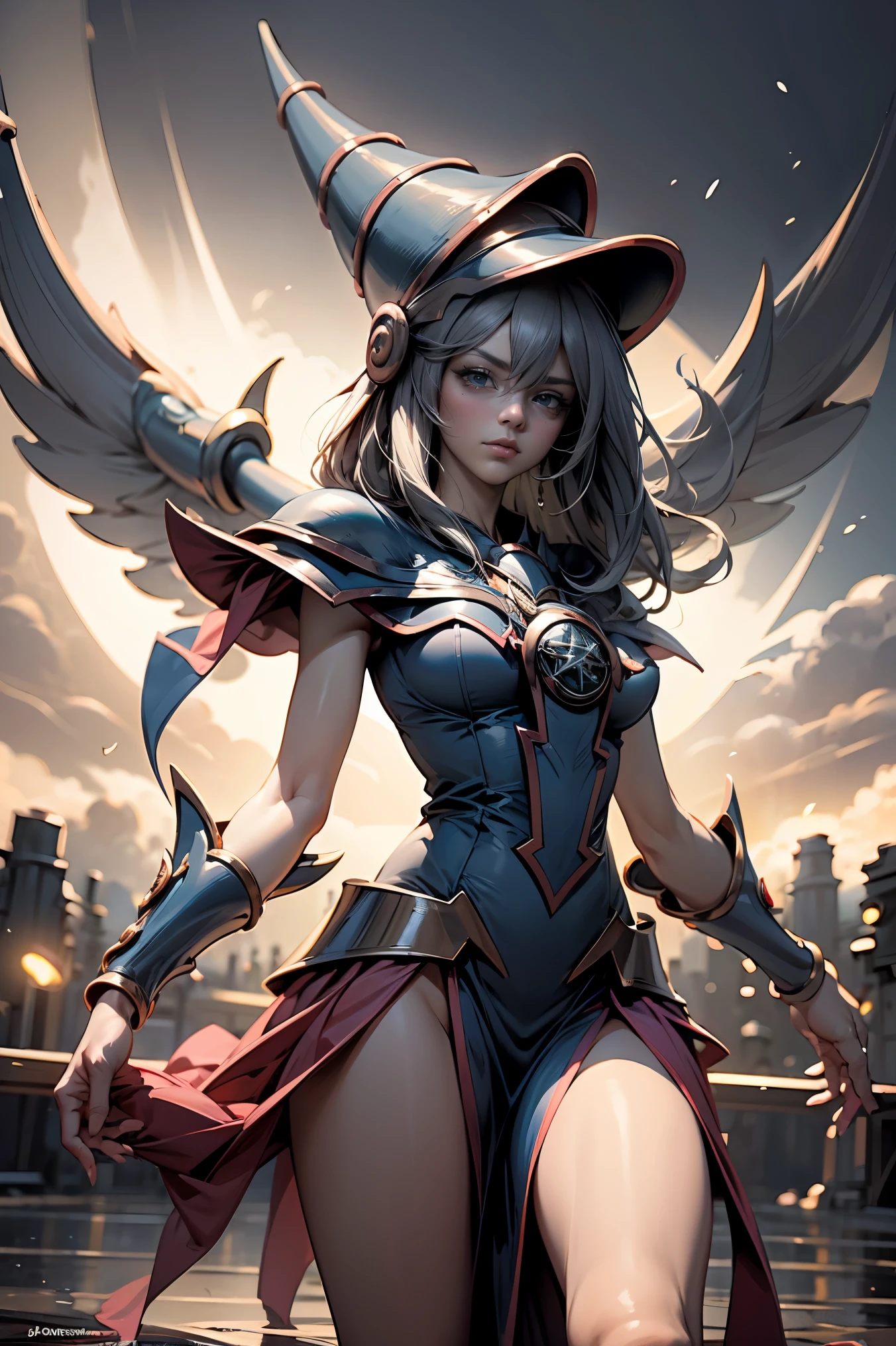 (Obra maestra:1.2), (La mejor calidad:1.2), perfect lighting, Chica Maga Oscura lanzando un hechizo, En sus veinte, flotando en el aire, tetas grandes, escote, bata azul, sombrero grande, desde arriba, Destellos, Yugioh juego, magic of the heart. luces del corazon, Romantic heart