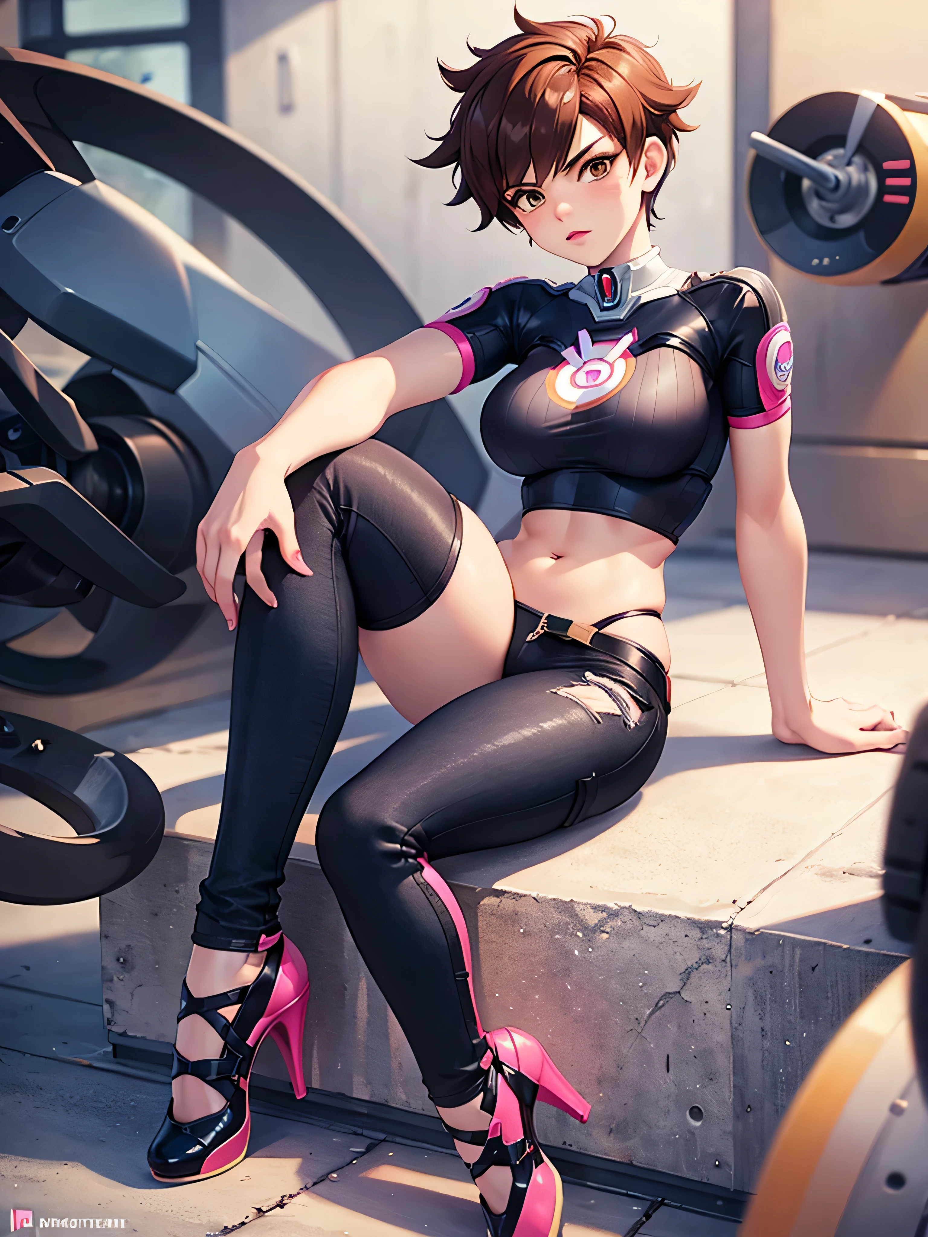 tracer overwatch , thighs, full body, pink high heels, nude tits, sitting, black jeans pants, wide hips, medium tits