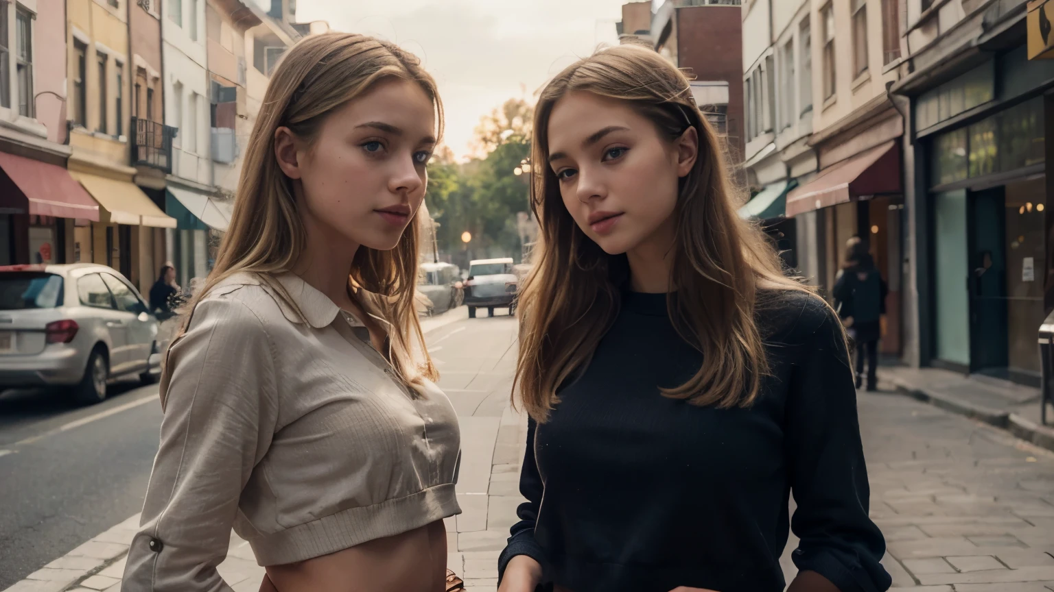 A detailed, high-quality Stable Diffusion prompt for the given topic would be:

two 14 year old blonde girls, beautiful detailed eyes, beautiful detailed lips, extremely detailed eyes and face, long eyelashes, dancing, miniskirt, no panties, street, photorealistic, hyper detailed, 8k, high resolution, vibrant colors, dramatic lighting, intricate details, realistic, masterpiece