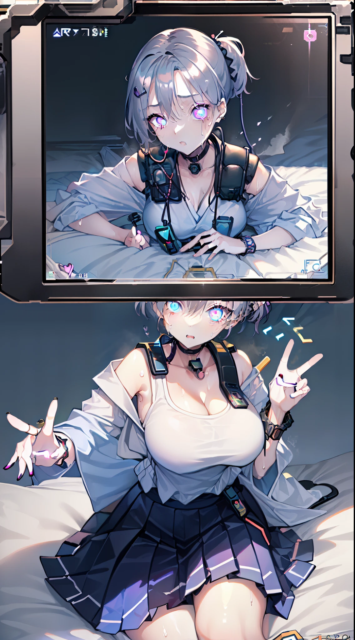 (Safety Sensor、approved、Can be viewed:1.8),masterpiece、highest quality、highest quality、Accurate the human body、Lighting to suit the mood、Accurate、Elaborate、masterpiece、Every detail of the face、Long-tailed, Dark Skin, Woman with dark skin, Side Ponytail, hair ornaments, Hair Clip, White shirt, Bra visible through clothes, Chest pocket, Black choker, Blue tie, Purple scrunchie, bracelet,Latex blue pleated mini skirt, Thigh straps:1.3, Simple Background, whole body, Detailed Background, Big cleavage、(Super big 、An eye is a heart:1.3、Heart Contact Lenses Heart Eye:1.5, Glowing oil skin:1.5, Sweat,vapor:1.5)、(ThinDim Lighting:1.5, night:1.5, Love hotels in Japan :1.5、Lie down in bed, Titty fuck blowjob:1.5,throw, POV Video Shooting:1.5)