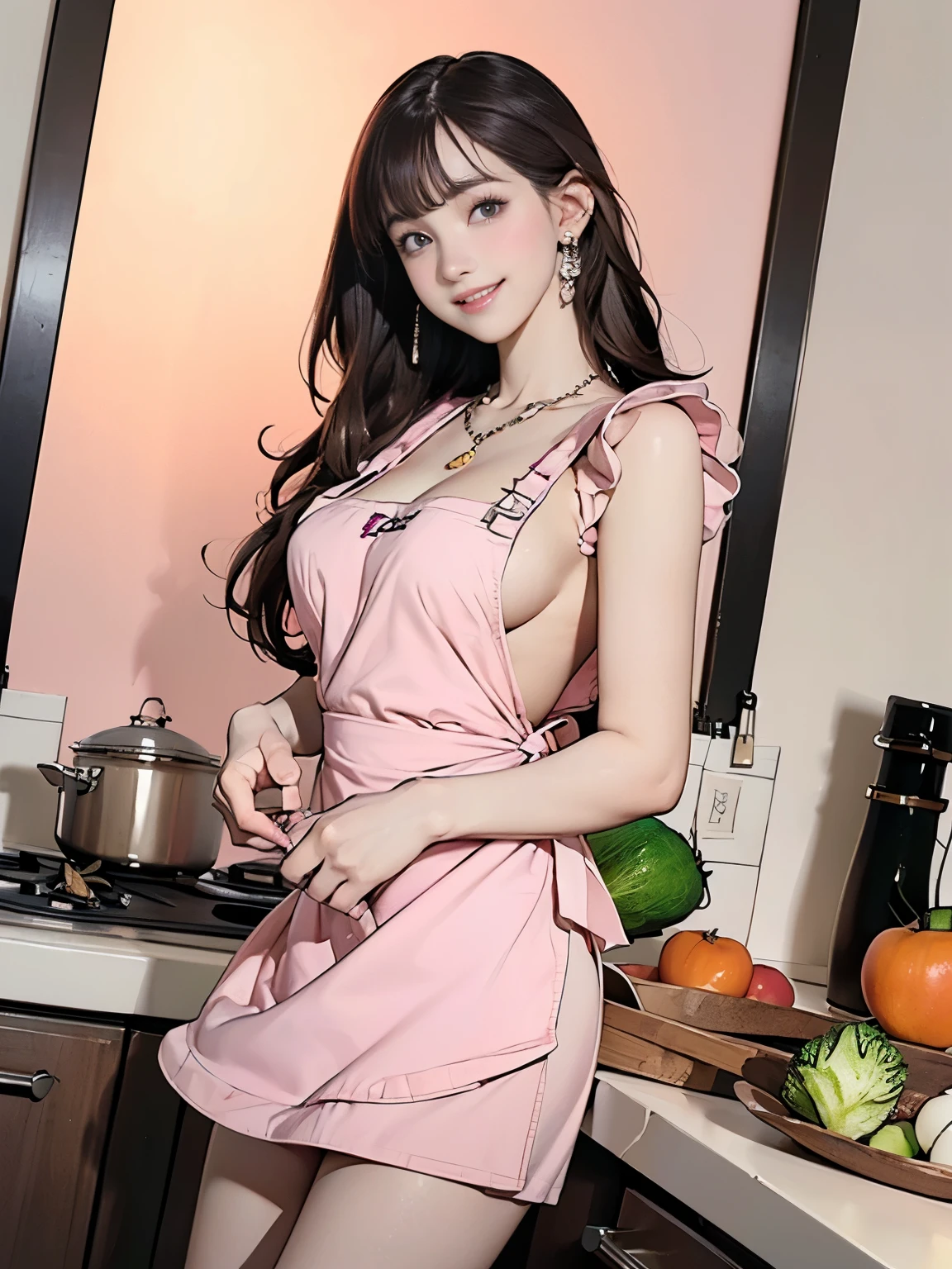 ((((highest quality))))、(((Ultra-precision CG16K wallpaper)))、(((masterpiece)))、(((Super detailed)))、(((Extreme detail)))、((1Mature 29 year old woman:1.6))、((Very beautiful Japanese faces))、((vegetable々Introduction:1.8))、((Straight semi-long hair、blunt bangs:1.5))、(Shiny brown hair)、Delicately drawn and beautiful face、Brown Eyes、eyeliner、Eyeshadow、High nose、Small nostrils、Small Mouth、Seductive lips、Beautiful breasts、((C cup size breasts))、Cleavage、Beautiful feet、eight-headed body、Perfect proportions、Perfect Anatomy、Perfect composition、Beautiful detailed shading、Beautiful, natural lighting、Beautiful detail glow、Depth of written boundary、(((High chroma)))、(((Real:1.9)))、((vivid:1.5))、((Beautiful Skin))、((Skin Texture))、((Realな皮膚感))、(((Cowboy Shot:1.6)))、((front view、shoot from front、Low - Angle:1.6))、(((smile:1.5)))、((The woman is looking at this、looking at viewer:1.6))、Bright daylight、Natural light、(((kitchen:1.5)))、(Standing pose:1.6)、(((Pink nude apron clothing:1.6)))、((necklace、Wearing earrings:1.3))、((Knee-high socks:1.3))、