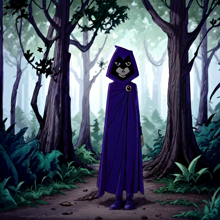 white raven, 1girl, solo, short hair, purple hair, hood, cape, colored skin, cloak, grey skin, forehead jewel, full body view, cowboy shot, forest 
