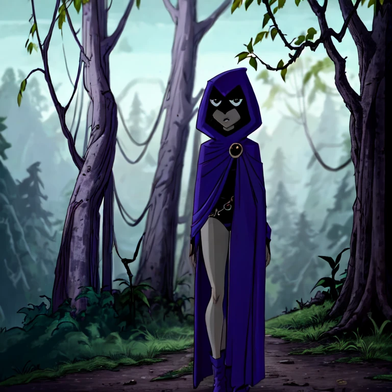 white raven, 1girl, solo, short hair, purple hair, hood, cape, colored skin, cloak, grey skin, forehead jewel, full body view, cowboy shot, forest 
