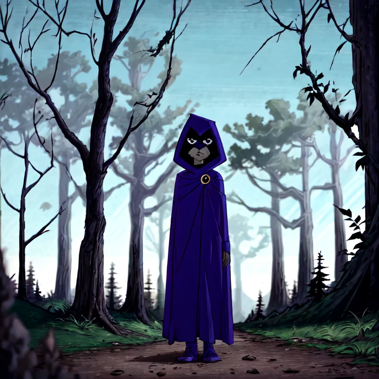 white raven, 1girl, solo, short hair, purple hair, hood, cape, colored skin, cloak, grey skin, forehead jewel, full body view, cowboy shot, forest 
