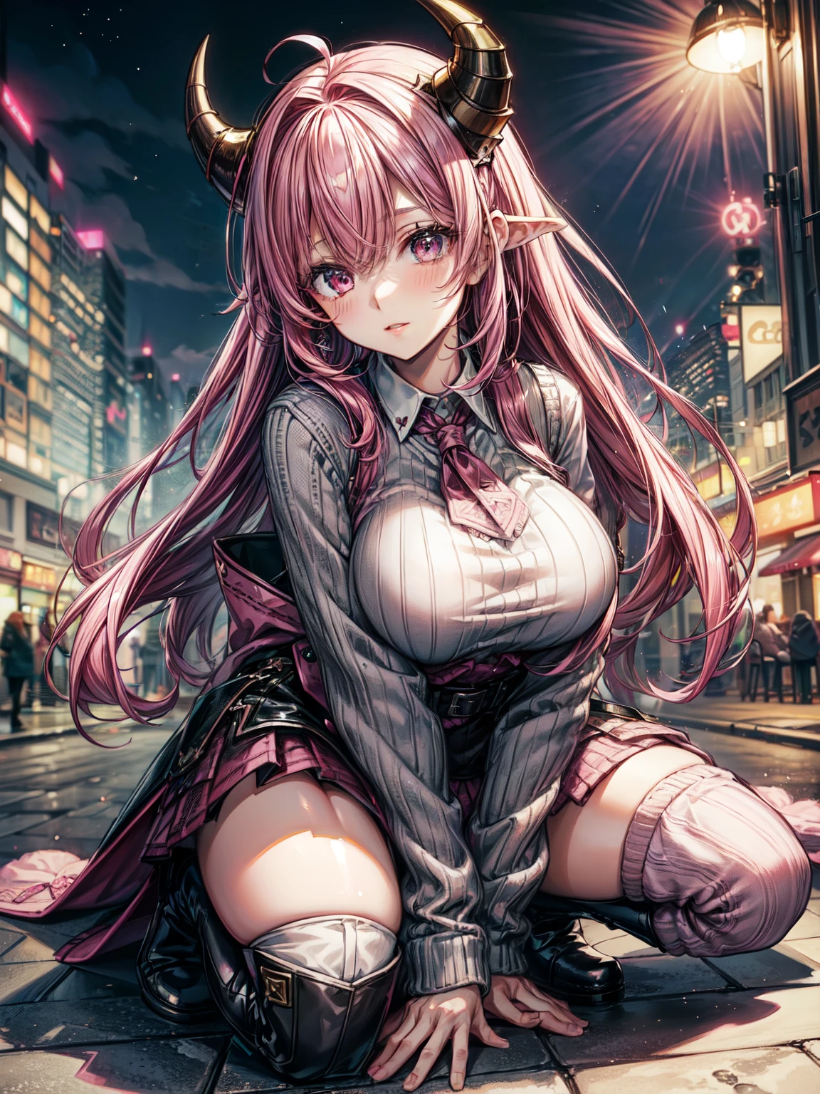 1girl, pink hair, trendy hairstyle, horns, hd quality, 4k, 8k, knitted cardigan, boots, fluffy hat, , kawaii, stepped on pov, below boot pov, huge breasts, cityscape, crouched, demoness
