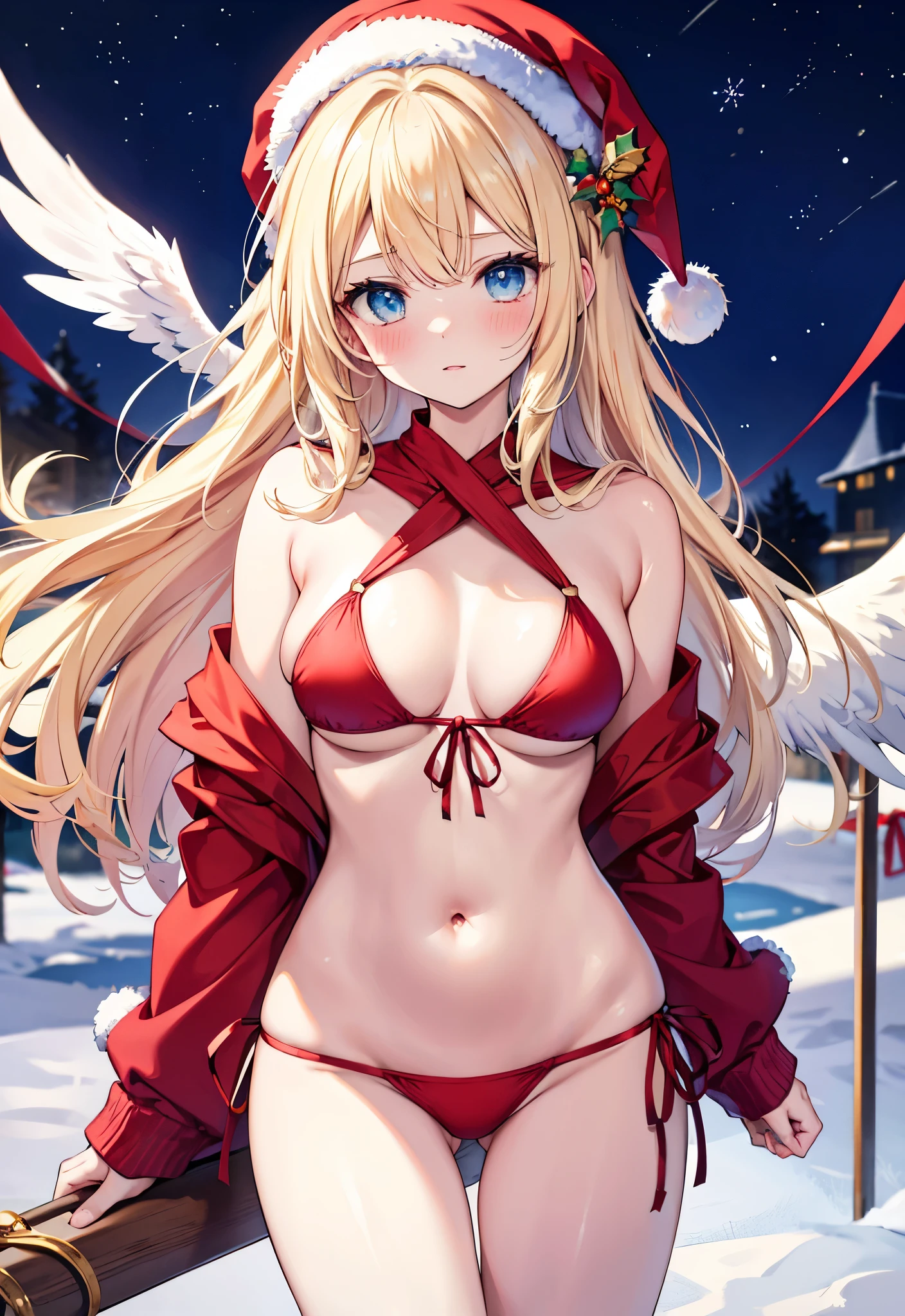 blond，blue eyes，long hair，，blush，Large Breasts，Gabriel《Angel》，Christmas hat，Red Sling Bikini，Snow background，dark night background，Christmas Sling Bikini