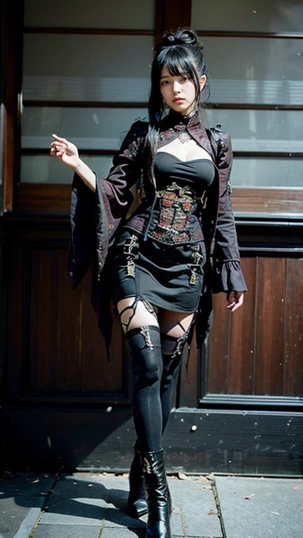 1 female Japanese gothic rocker, Asian eyes, Ultra detailed face and eyes, pretty face, Hyperrealistic, realistic representation,  40  years old,  wearing black rocker clothes, she wears boots, hairstyle: Visual Kei, blonde hair, black hair, full body 