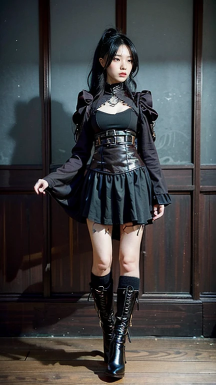 1 female Japanese gothic rocker, Asian eyes, Ultra detailed face and eyes, pretty face, Hyperrealistic, realistic representation, 40 years old, wearing black rocker clothes, she wears boots, hairstyle: Visual Kei, blonde hair, black hair, full body