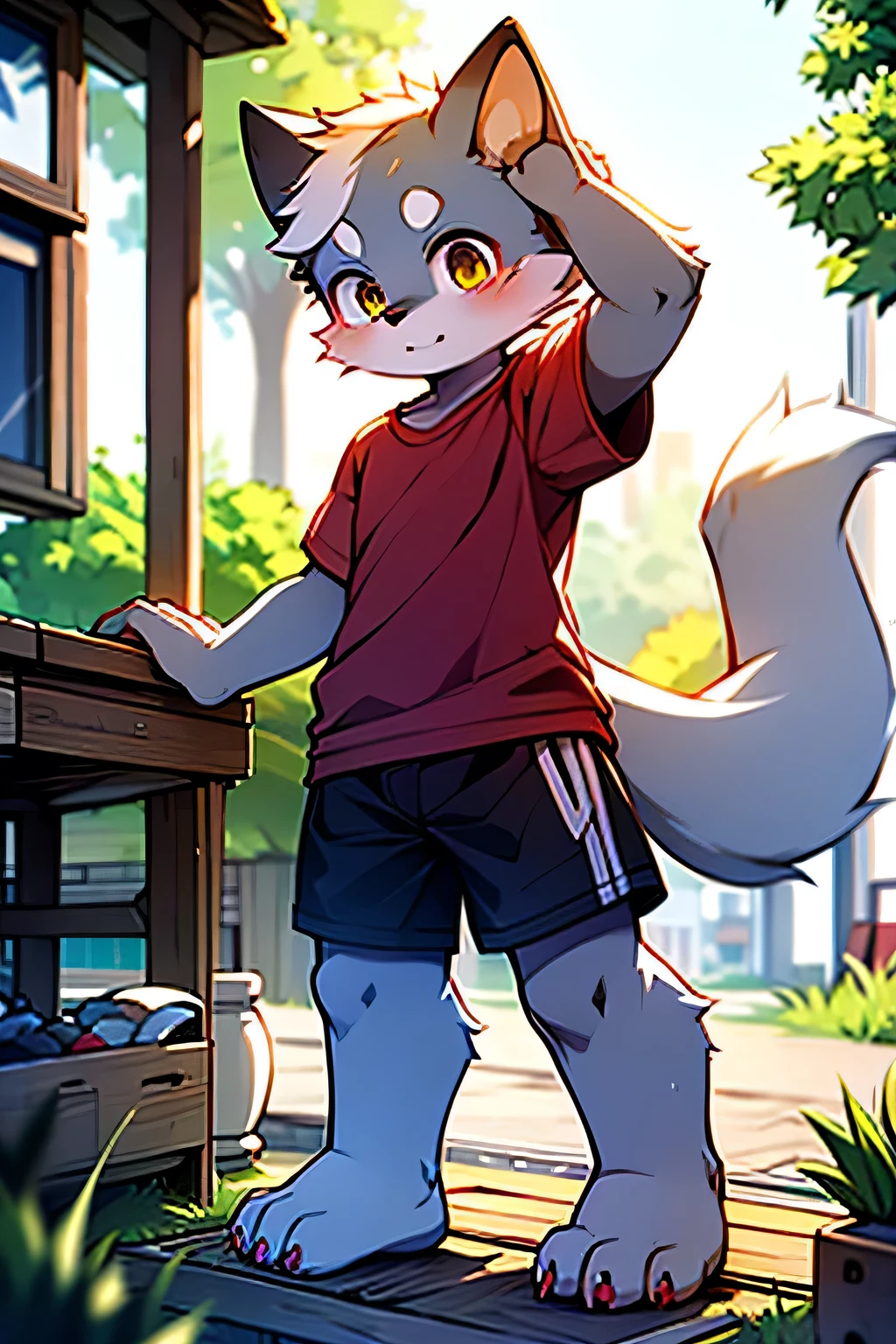 Shaggy，Grey fur，male，canid，Arctic fox，The only person，Sharp Claws，Fine fur，Golden Eyes，Thick eyebrows，Fluffy tail，Red short sleeves，White shorts，Super detailed：1.0，Sexual Desire，，（Dagashi street：1.1），Anatomically correct，Red nails，exposed nails，Barefoot feet，Barefoot feet，Stand on your own two feet，Notice，