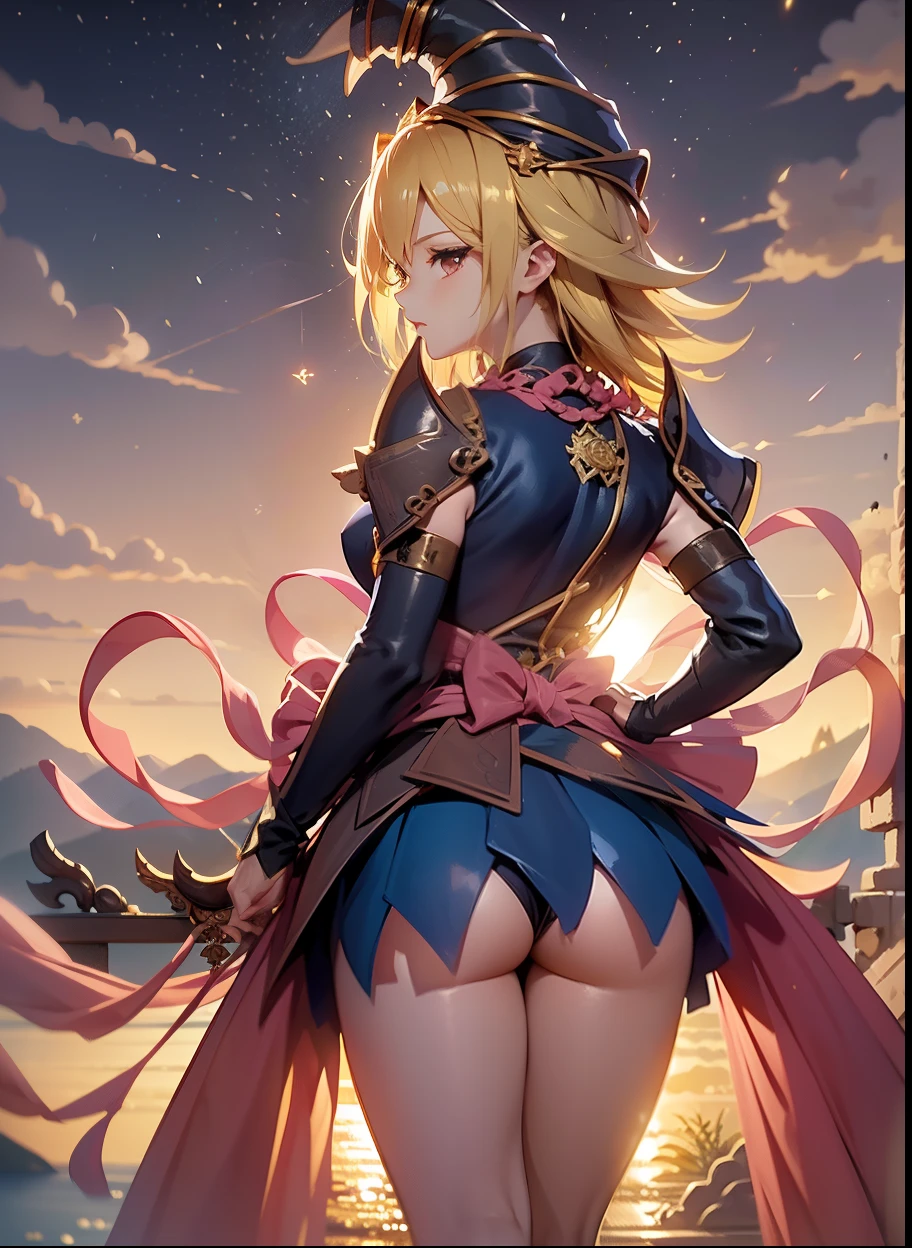 (obra maestra、the highest quality、Detalles intrincados、El ultra-detallado、ultra calidad、high resolution、Las mejores sombras、la mejor iluminacion、4k) Once palabras clave: El cabello es dorado Beautiful blonde Longevity and immortality Beautiful figure Outstanding abilities Harmony with nature Noble culture Ancient races Fantasy works Role-playing games Beauty and elegance Dark magician girl Magical talent Hembras una chica de belleza Mystic Criaturas ficticias Vestidos transparentes antiguos Buttocks see through a cuatro patas emphasis on the buttocks Sit with a beautiful back looking back. Dark magician girl en un paisaje chino