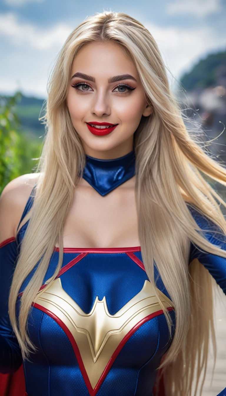hyperrealistic beautiful busty 19-year-old woman with long legs wearing female superhero cosplay outfit, model shooting full body photography, bleached blonde very long straight hair, soaky wet skin, dark eye makeup with eyeliner, seductive smile, red lips, 8K, Best quality, Meisterwerk, ultra high resolution, (Realismus: 1.4), Originalfoto, (realistische Hautstruktur: 1.3), (Filmkorn: 1.3), (Selfie-Winkel), 1 girl, Beautiful round hazel eyes and facial details, Meisterwerk, Best quality, outdoor photography, nsfw