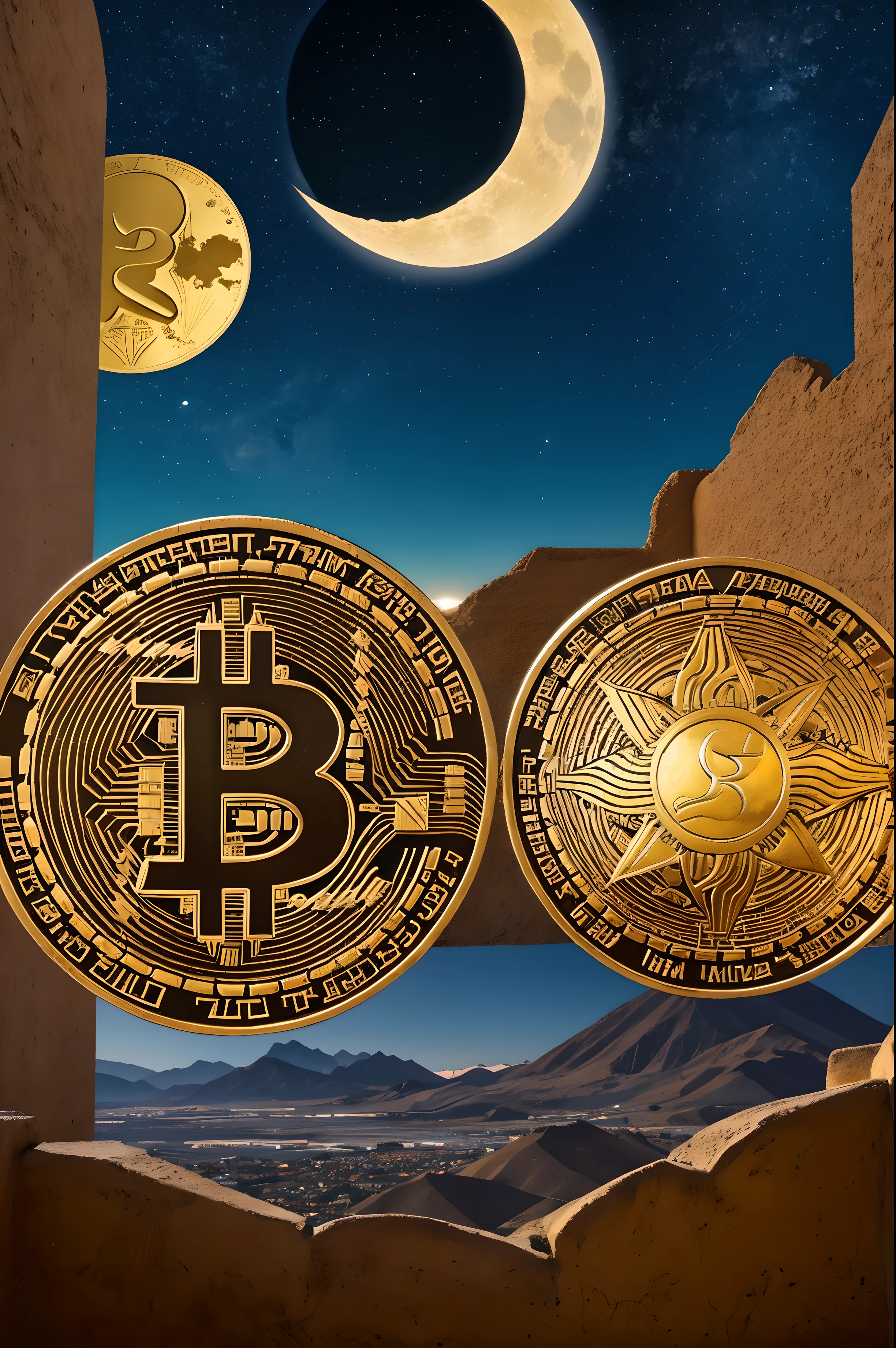 Inti Yura Token is a cryptocurrency that fuses the energy of the sun ("Inti") y la tranquilidad de la luna ("Yura") de la cultura peruana. The image shows a modern design with a stylized sun and moon, intertwined in The vibrant and warm colors represent the vitality of the sun, mientras que los tonos suaves y frescos reflejan la serenidad de la luna. The background includes Peruvian cultural elements and blockchain symbols to represent the fusion of tradition and innovation.