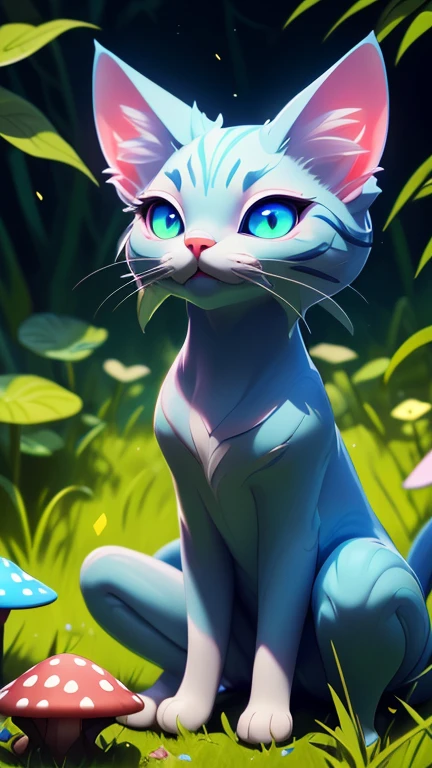 there is a cat that is sitting in the grass with mushrooms, green glowing eyes, magical glowing eyes, glowing eyes everywhere, with glowing eyes, alex grey cat, beautiful blue glowing eyes, cat in the forest, glowing magical eyes, blue glowing eyes, very glowing eyes, brightly glowing eyes, beautiful glowing eyes, large glowing eyes, glowing eyes, white glowing eyes