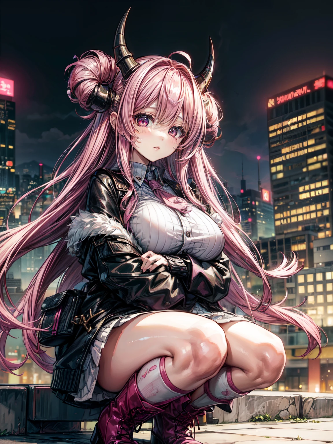 1girl, pink hair, trendy hairstyle, horns, hd quality, 4k, 8k, knitted cardigan, boots, fluffy hat, , kawaii, stepped on pov, below boot pov, huge breasts, cityscape, crouched, demoness