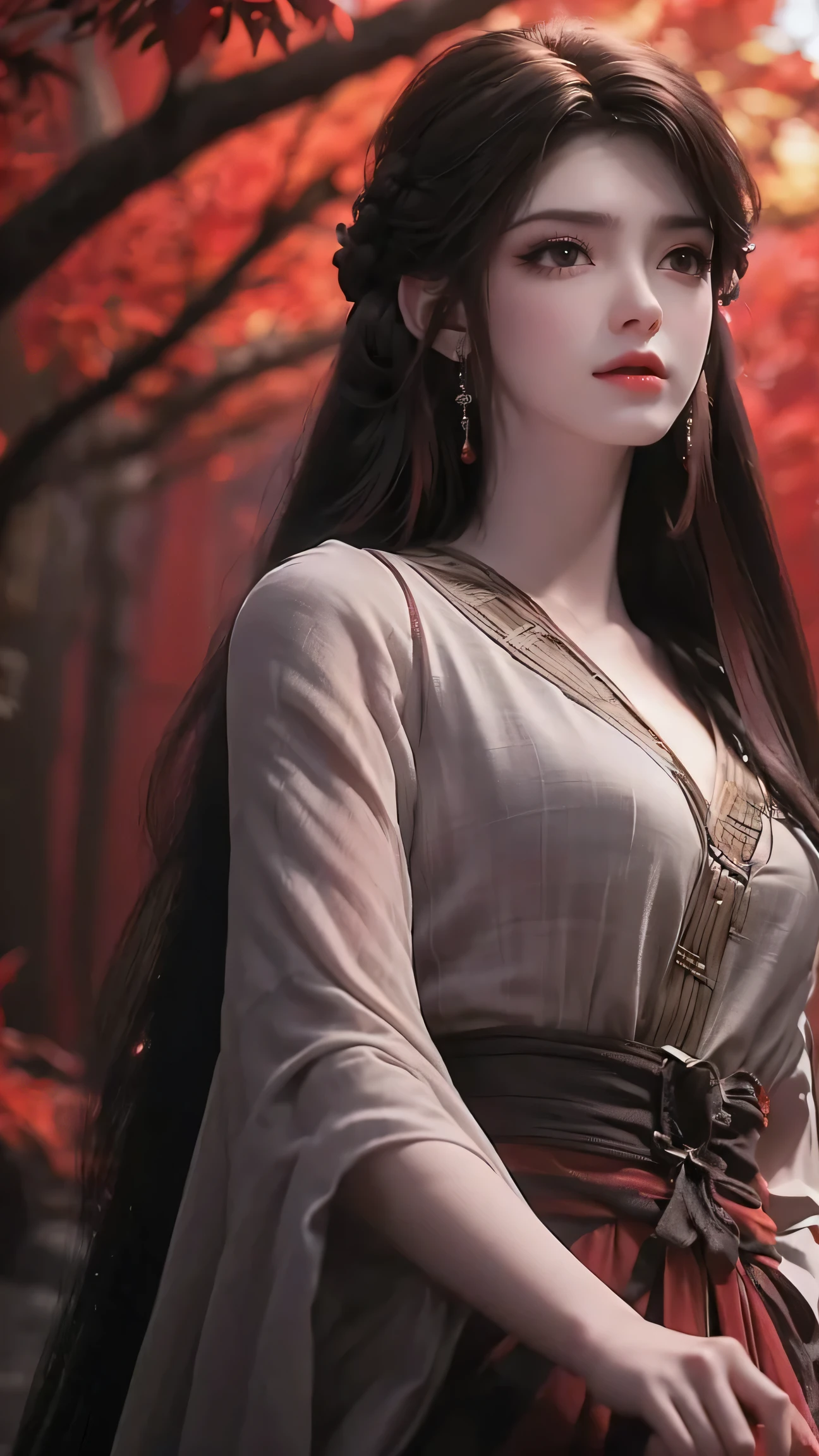 a beautiful woman with long flowing black hair, piercing red eyes, detailed facial features, elegant black dress, standing in a mystical forest with glowing red crystals, dark moody lighting, dramatic cinematic composition, dark fantasy, chiaroscuro lighting, moody colors