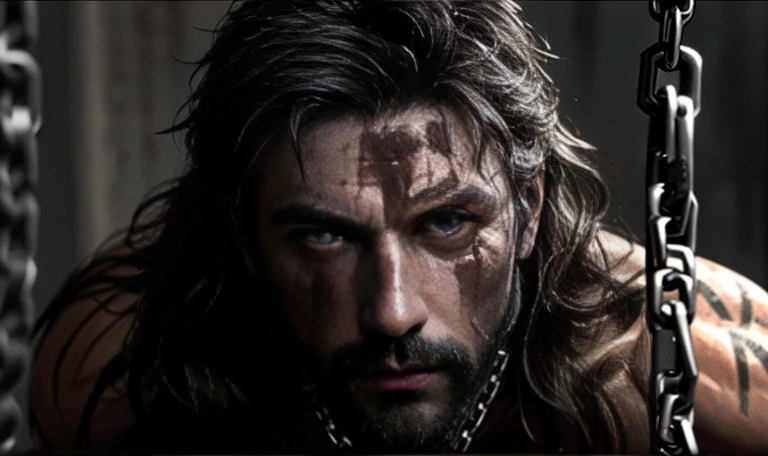 "((highly detailed, detailed eyes, detailed face, clear and realistic facial features, photorealistic, ultra realistic, dark bleak lighting and deep shadows; cinematic)), (close up) gorgeous heavily-muscled naked dangerous human male warrior heavily chained up in a fortified cage with long messy hair and overgrown beard, enslaved, chained, heavily barred cage, long messy hair, very long messy beard, gore, beaten up, glaring expression, iron chains, chained up inside a heavy iron cage, with scarring and bloody injuries, medieval slave market"