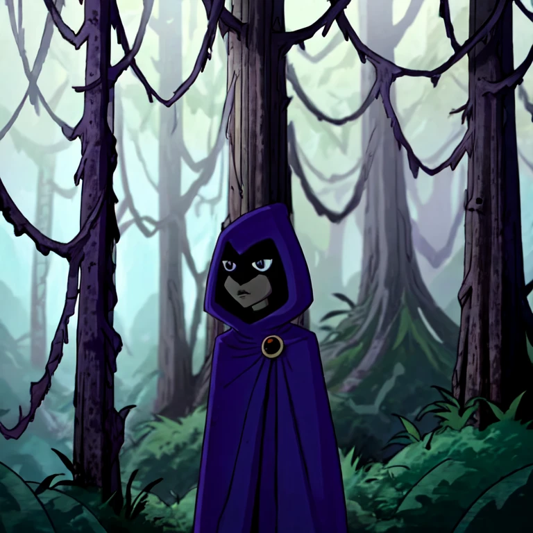 white raven, 1girl, solo, short hair, purple hair, hood, cape, colored skin, cloak, grey skin, forehead jewel, cowboy shot, forest 
