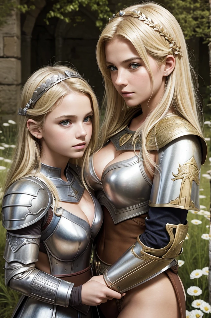 mother and daughter portrait break: mature woman, roman warrior, queens blade , middle age, blonde, detailed face, curvy, fighter position, background in uk land break:  girl, roman warrior, princess blade , 13 yenager girl, small breasts, mini cropped, valkyrian princess ,blonde, detailed face, beautiful, confiant, background in uk land with flowers, soft lesbians